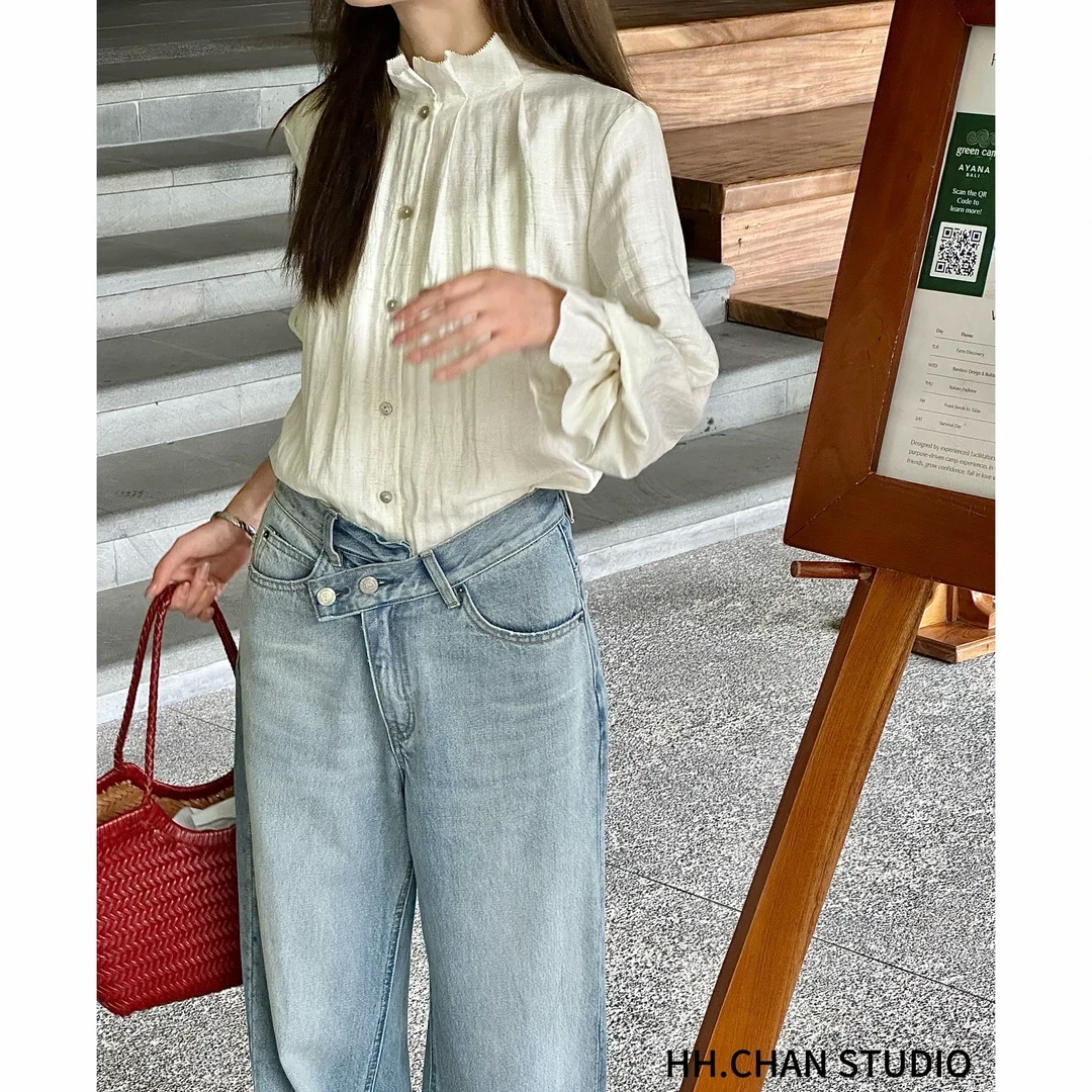 HH.CHAN“斜门襟牛仔裤”100%棉定制面料YKK拉链直筒牛仔裤HH-6432