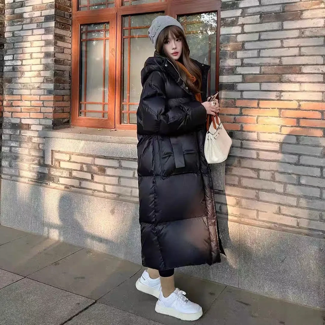 冬季长款连帽大毛领白鸭绒宽松保暖羽绒服女时尚新款