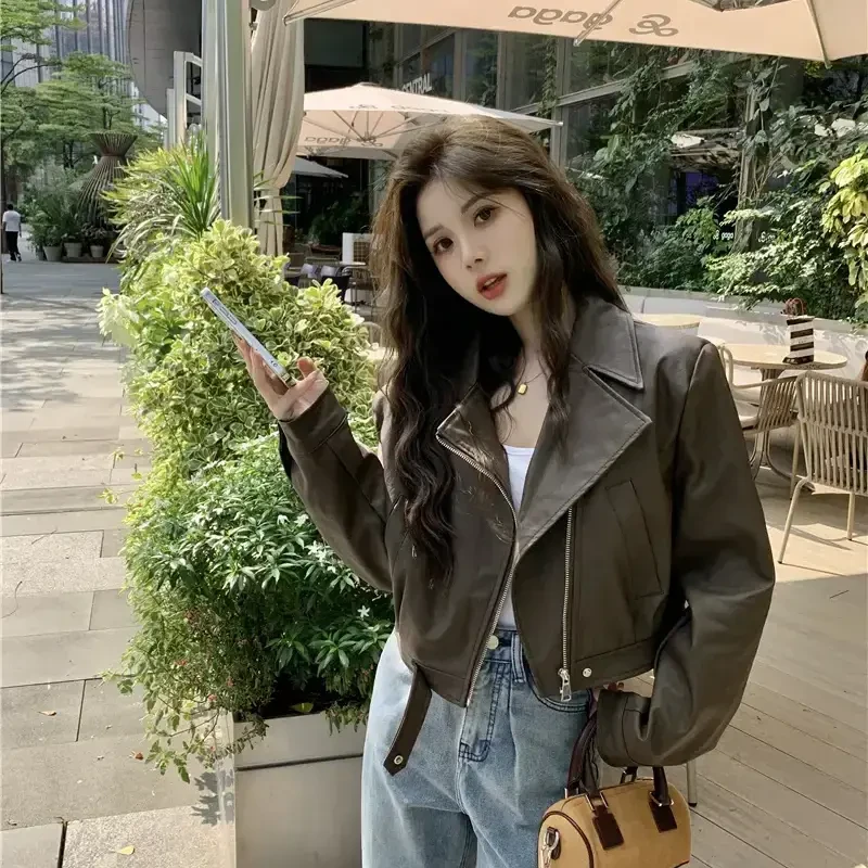 美式复古高街小个子短款春秋新款皮衣外套女百搭修身显瘦短款上衣