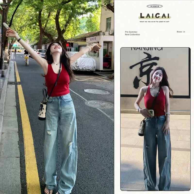 2025夏季韩系辣妹吊带上衣搭配高腰破洞阔腿复古牛仔裤个性套装女