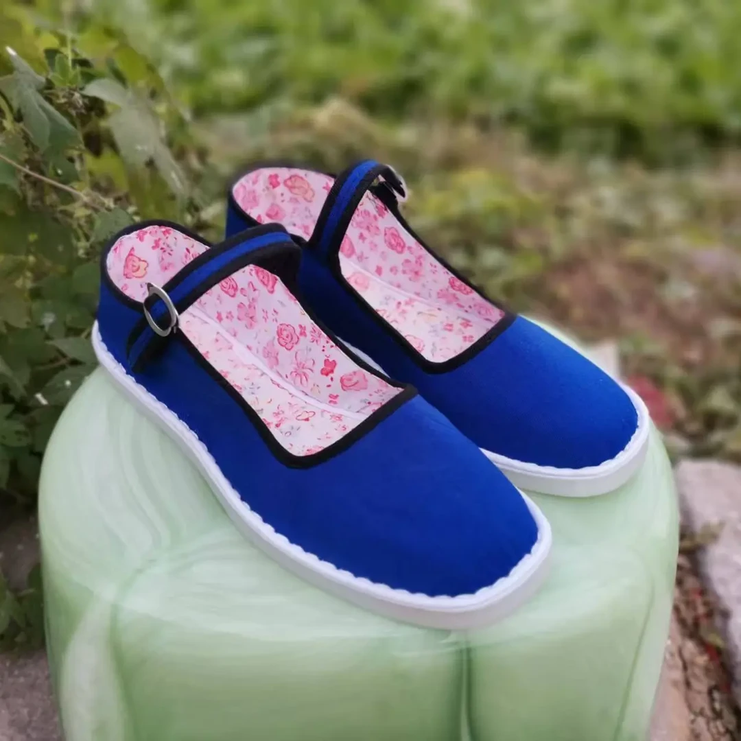 春秋女士手工塑料底一带布鞋蓝色迪卡料浅口平底防滑透气妈妈鞋