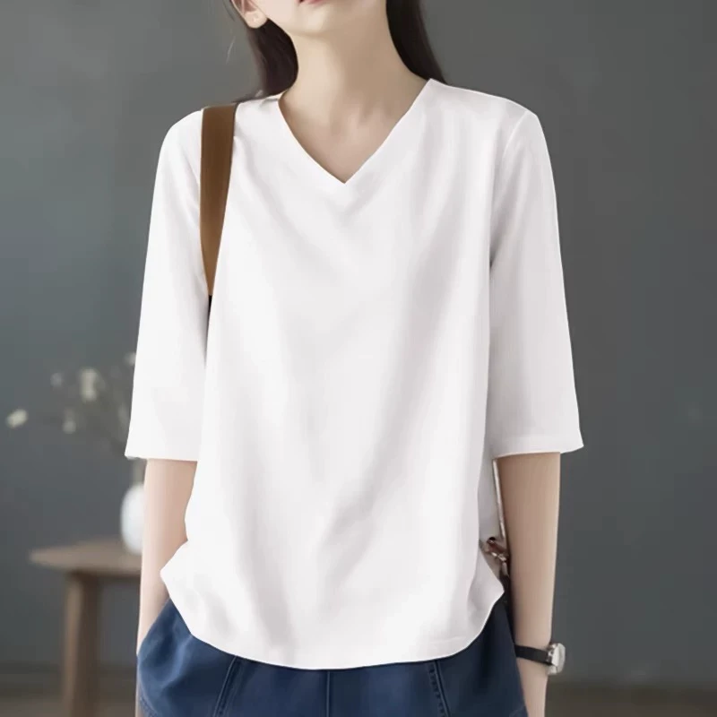 2025新款夏装七分袖t恤女士短袖宽松大码显瘦遮肚白色纯色上衣服