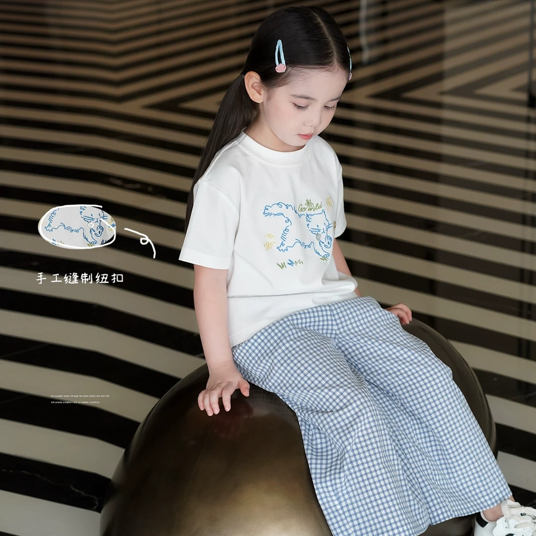 AnnieGirl夏季新款蓝色清新小众女童纯棉轻薄格子阔腿裤套装2025