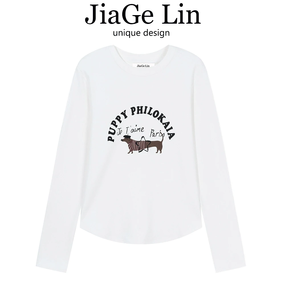 JiaGeLin韩系腊肠小狗印花长袖t恤上衣女春秋内搭磨毛德绒打底衫