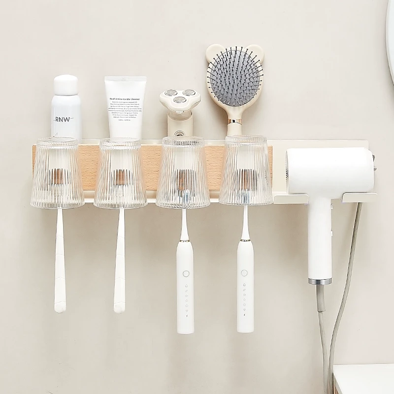 原木风日系吹风机牙刷一体置物架免打孔壁挂卫生间洗漱台收纳神器