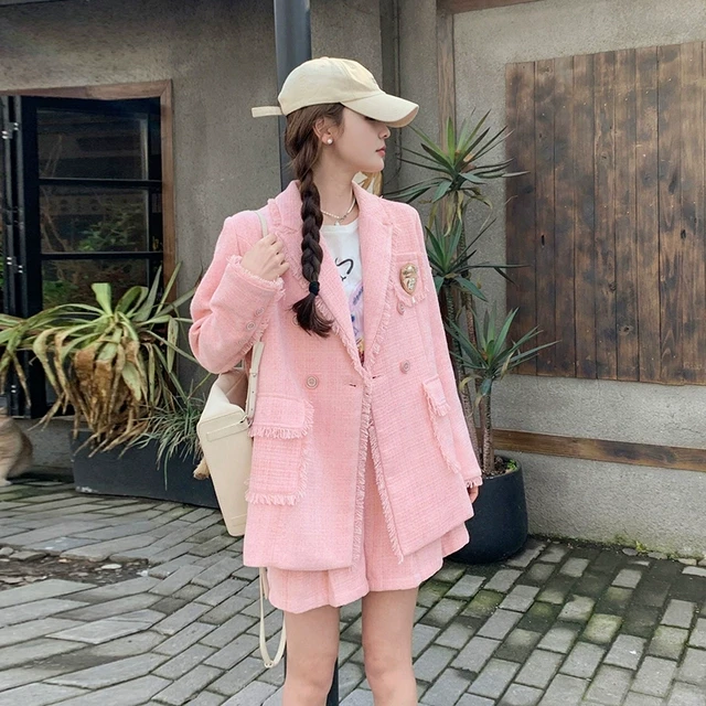 粉色小香风流苏套装女2024春夏季新款小个子气质显瘦西服外套短裤