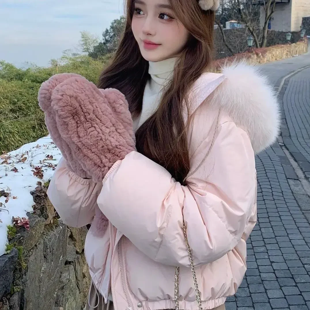粉色奶fu韩版甜美风百搭棉服棉衣2025冬季新款毛领连帽短款面包服