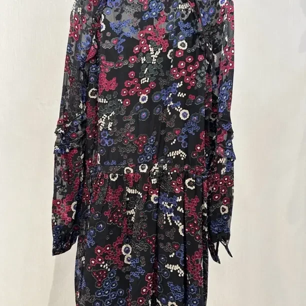 高腰中长秋季印花长袖复古珠片连衣裙