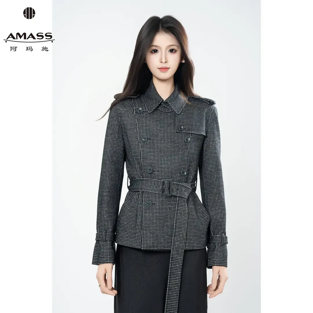 AMASS/阿玛施早秋新款时尚气质双排扣修身风衣外套(附腰带)540113