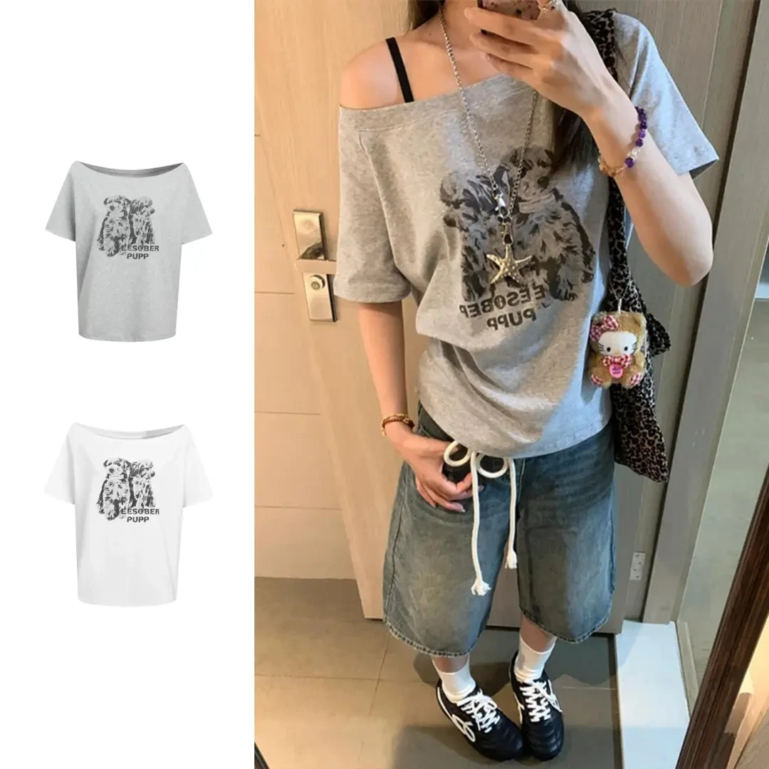 夏季美式复古斜肩t恤女字母印花百搭露肩短袖休闲宽松显瘦女上衣