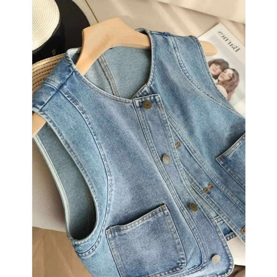 时髦洋气百搭叠穿牛仔马甲女春夏宽松短款小个子无袖外套休闲上衣