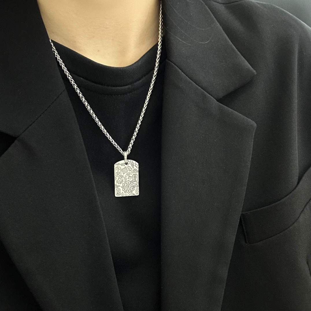 吊坠925银 平安喜乐招财方牌吊坠复古