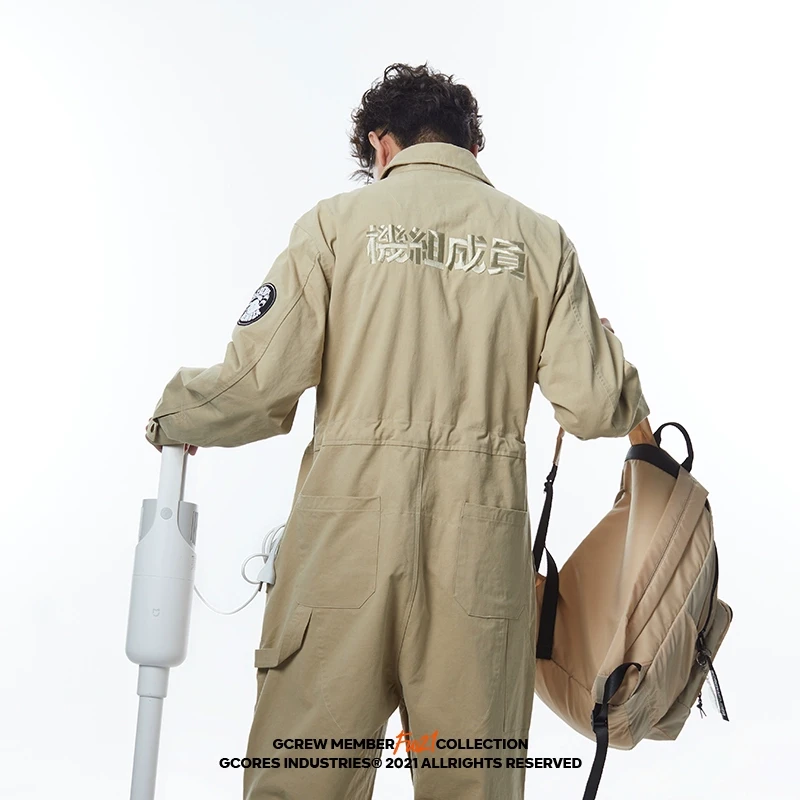 吉考斯工业机组成员 工装长袖连体服刺绣纯色直筒连体长裤