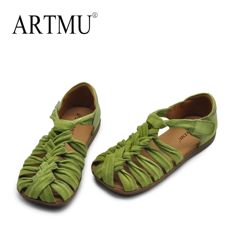 Artmu阿木复古包头凉鞋女款2025新款真皮编织罗马鞋猪笼鞋平底985