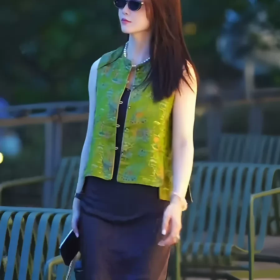 新中式女装国风马甲2025新款薄款夏季绿色印花马夹连衣裙两件套女