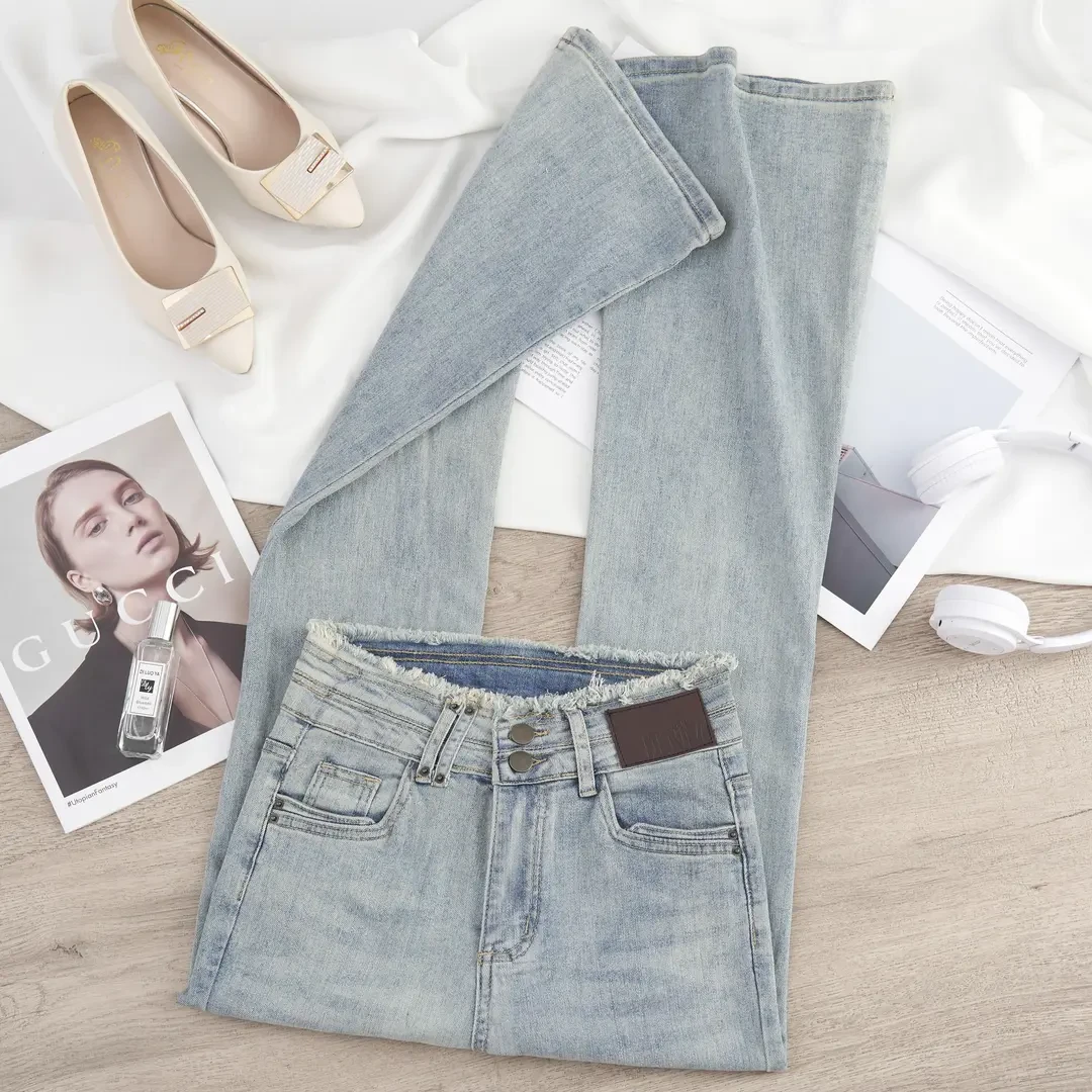浅色毛边微喇牛仔裤女春秋季2025年新款高腰显瘦百搭拖地喇叭裤子