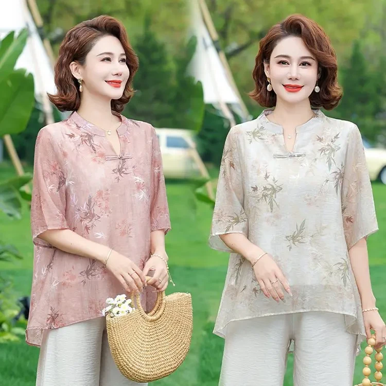 大码妈妈装短款中年薄款夏季显瘦轻职风V领小衫T恤中老年女装