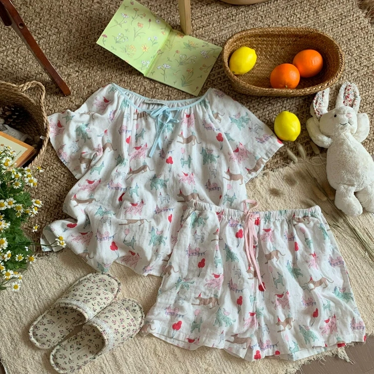 韩系可爱小狗印花短袖睡衣女夏季新款大码休闲系带短裤家居服套装