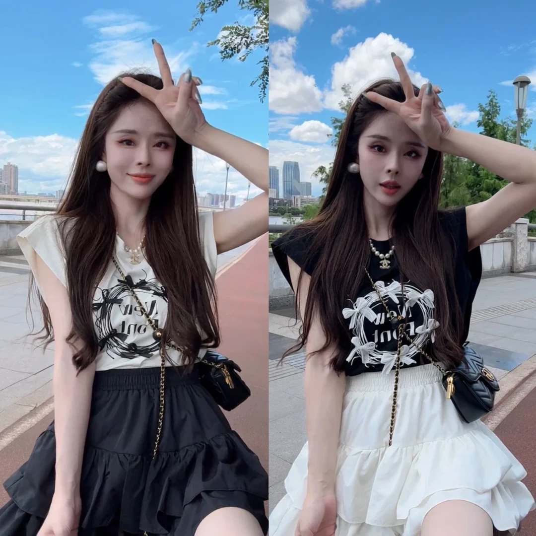 欧货时尚蝴蝶结字母印花小飞袖t恤女夏季设计感洋气减龄短袖上衣