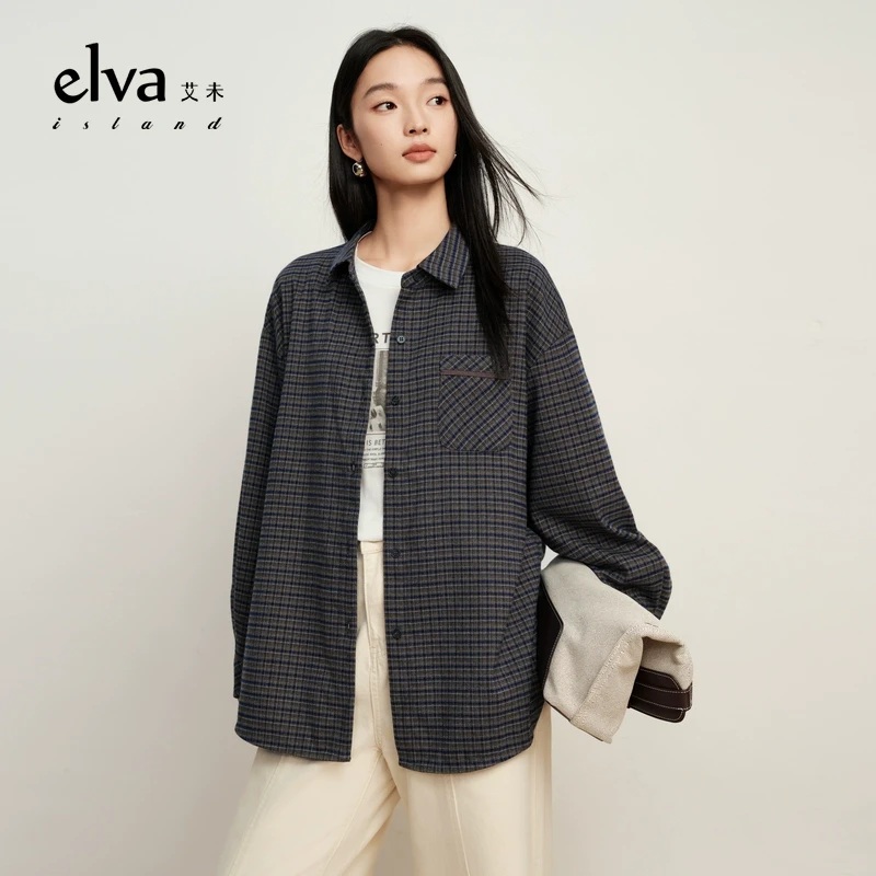 【尚雅专属】Elva' Island格子加厚长袖衬衫女秋冬宽松内搭上衣