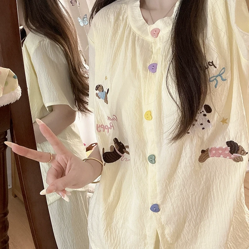 日系高级感卡通彩扣斑点狗睡衣女带胸垫夏季短袖泡泡棉家居服套装
