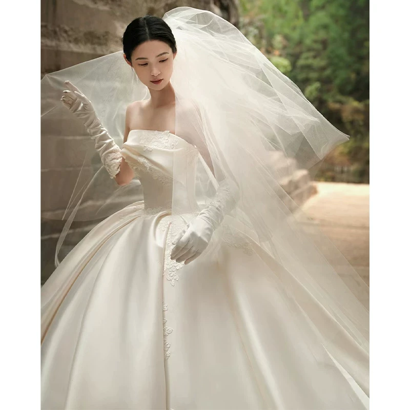 缎面抹胸法式主婚纱礼服2024新款新娘气质质感拖尾孕妇高级2025