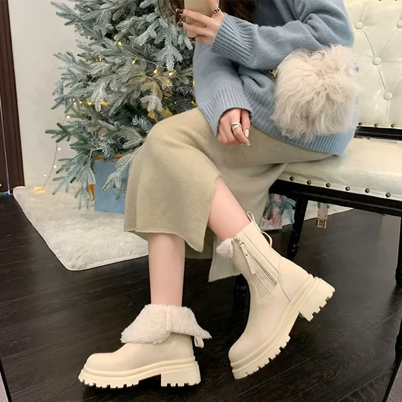 冬季新款厚底侧拉链时尚真皮雪地靴加厚绒粗跟厚底马丁靴