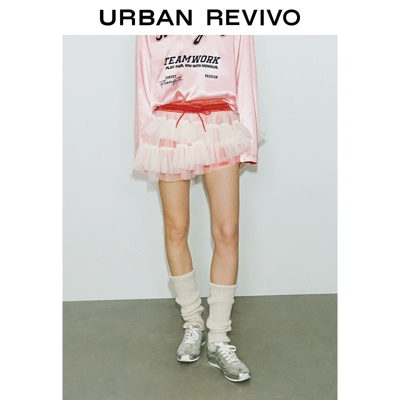 【轻夏运动】UR2025新品女装欧若风抽绳拼接网纱短裤UYV650017