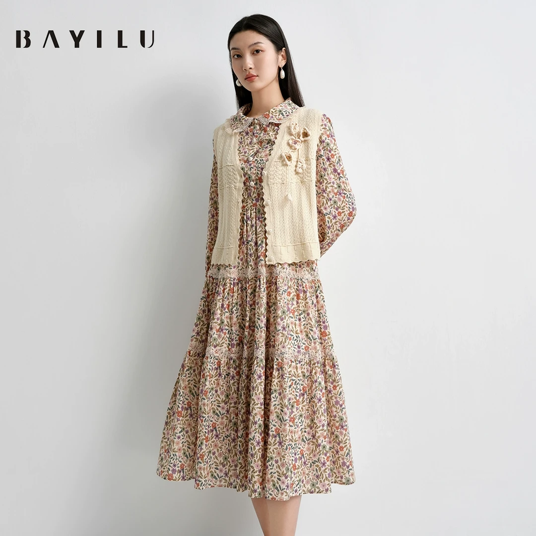 【女乔】芭依璐2025春季碎花连衣裙女印花收腰长裙91L7049