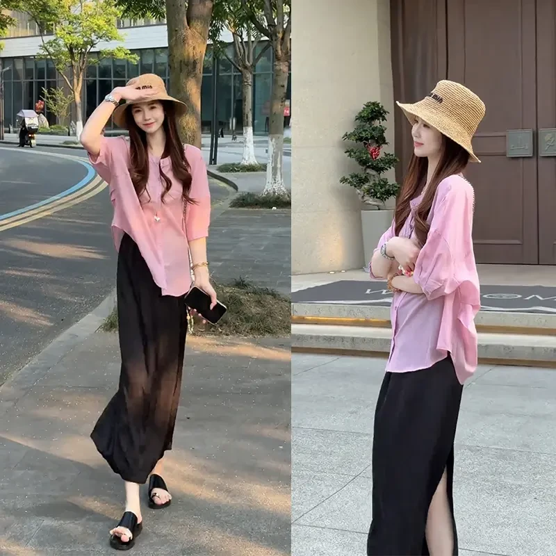 2025夏季新款法式通勤简约粉色气质衬衫上衣高腰开叉半身裙两件套
