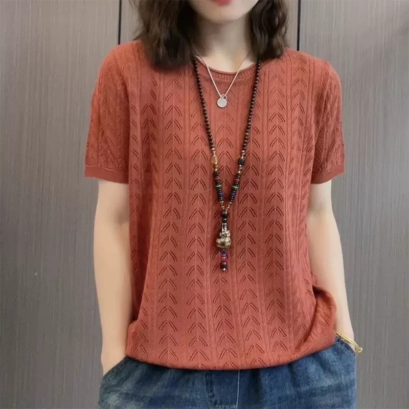 镂空短袖冰丝针织衫T恤女2025夏季新款宽松显瘦圆领复古百搭上衣