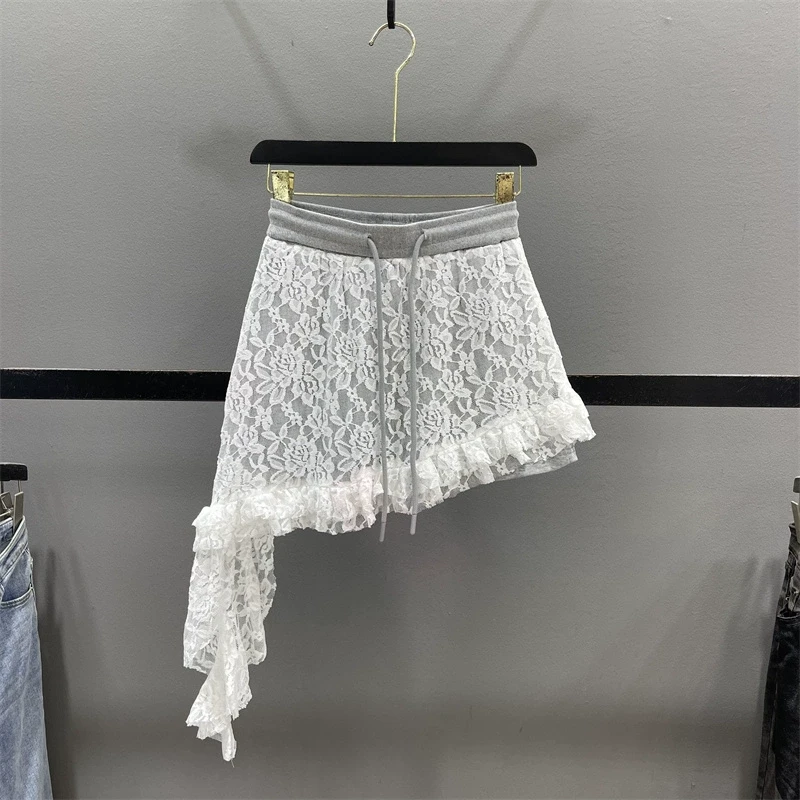 假两件设计不规则蕾丝卫衣裙半身裙女2025春夏显瘦A字休闲短裙子