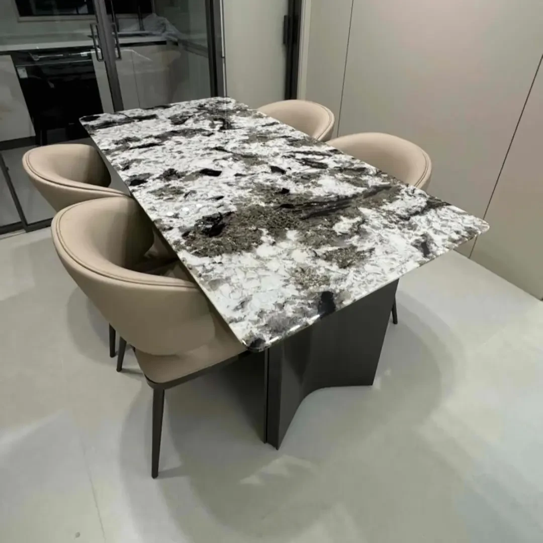 【粤昇奢石】金孔雀奢石餐桌意式现代别墅家用饭桌奢石轻奢餐桌