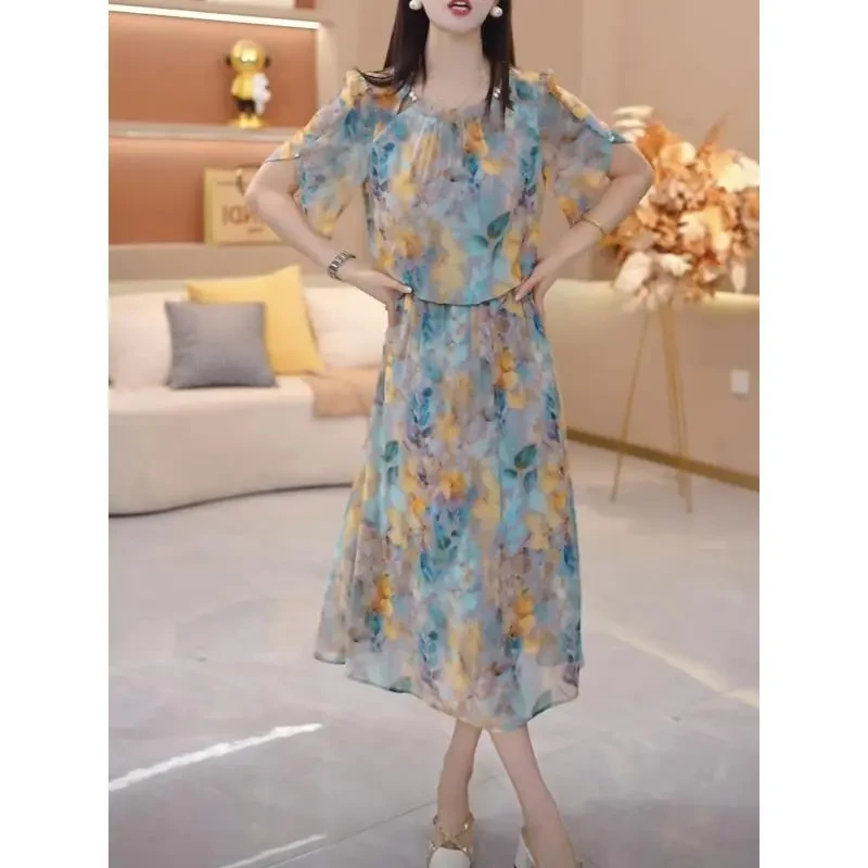 【大码连衣裙】夏季新款轻薄时尚优雅减龄中长款连衣裙显瘦气质碎花