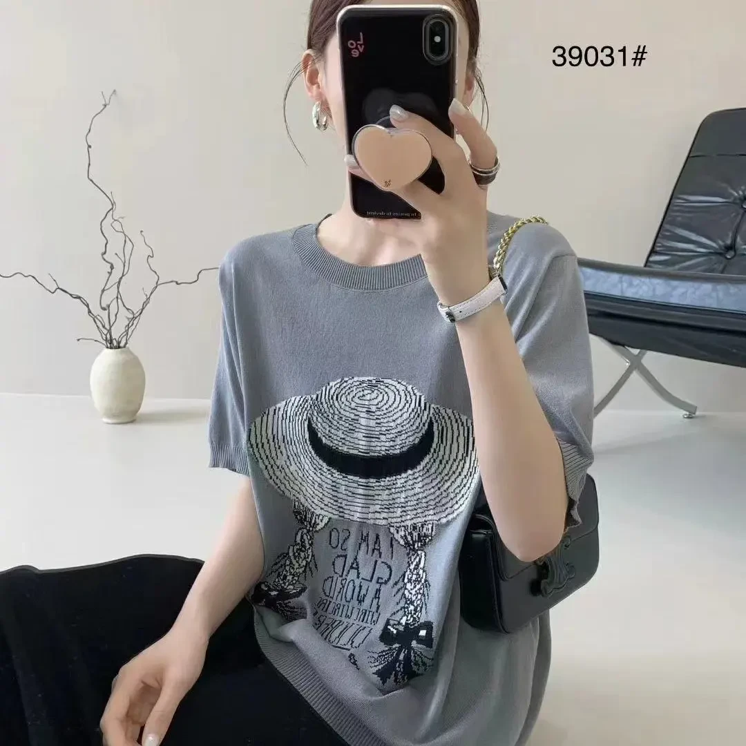 初秋季潮流休闲短袖针织百搭草帽针织衫圆领女曲珠针织
