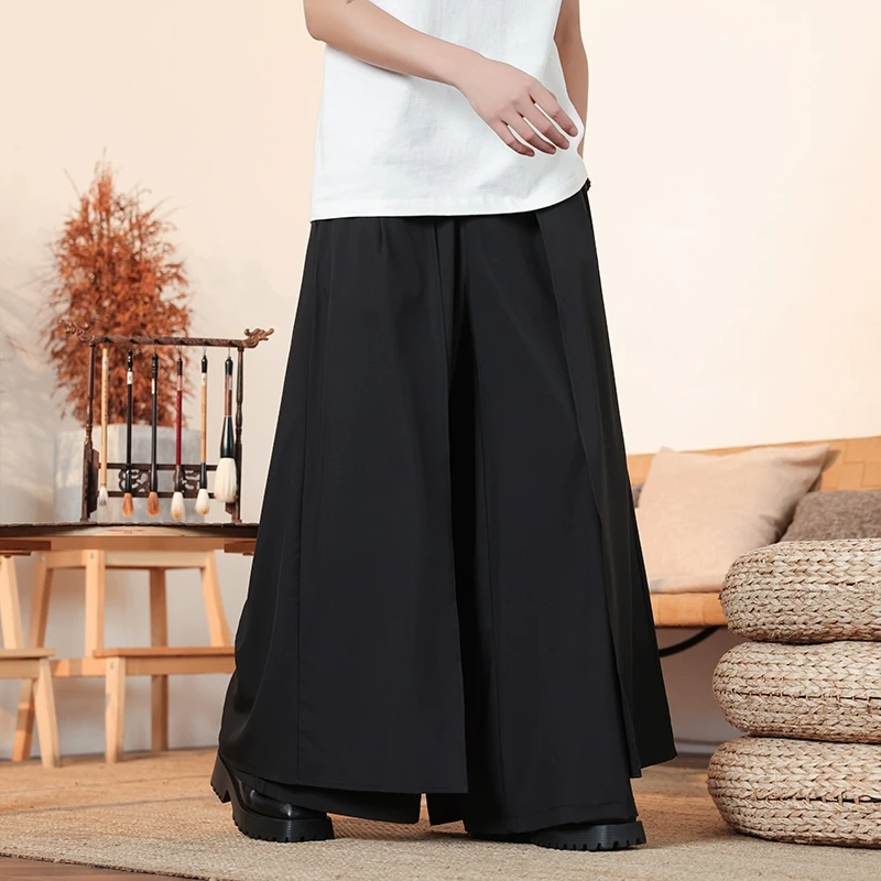 新中式拼接假两件裤子男中国风汉服裙裤宽松垂感拖地裤阔腿剑道裤