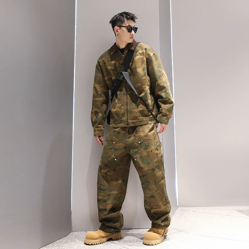 有术美式潮牌迷彩翻领做旧工装两件套男2025新款迷彩休闲宽松套装