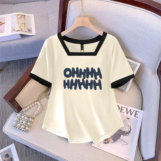 潮流纯欲风辣妹修身显瘦短袖T恤女士夏季不规则圆弧下摆方领上衣