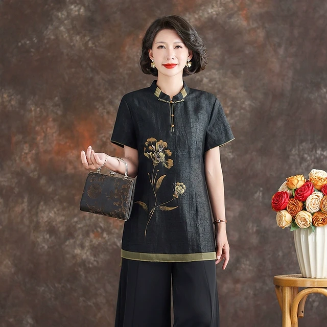 齐黛新中式香云纱上衣女2025新款立领印花复古减龄妈妈装真丝衬衫