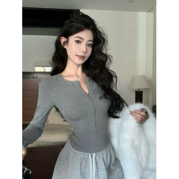 秋冬不规则辣妹风长袖上衣显瘦修身磨毛加厚T恤隐形拉链打底开衫