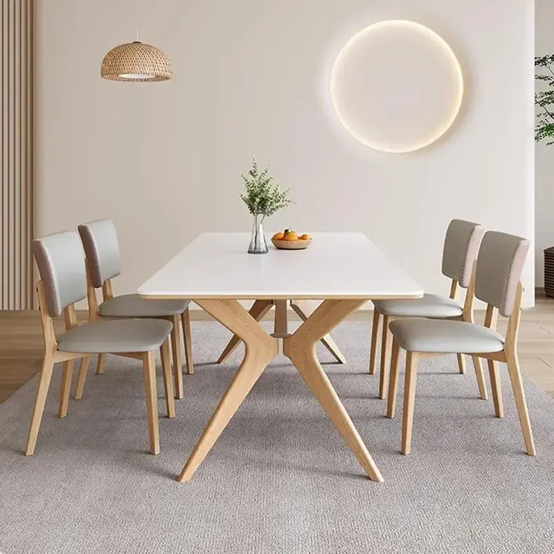 北欧简约家用实木岩板餐桌椅组合奶油风原木色长方形小户型吃饭桌