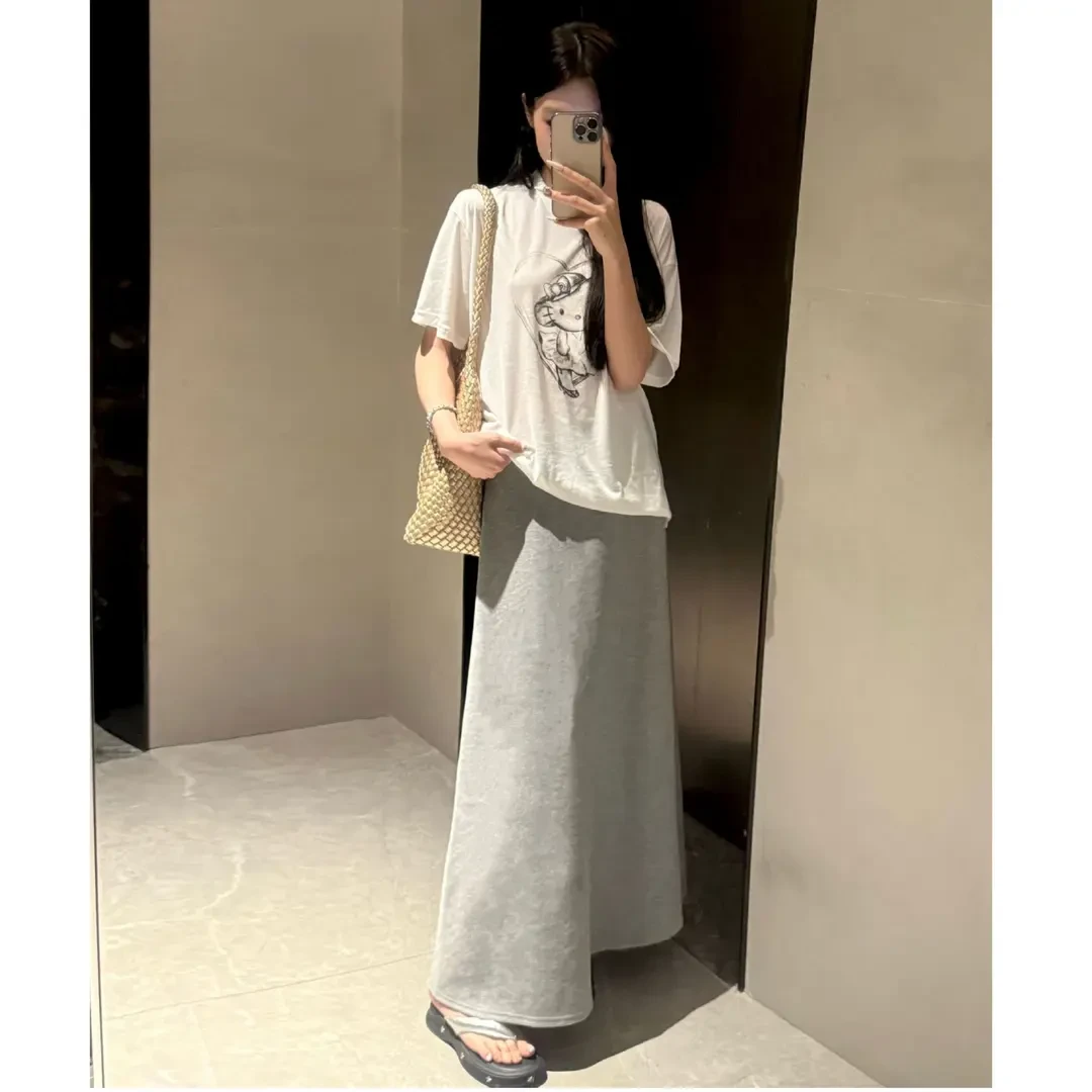 夏季时尚百搭高腰显瘦A字半身裙女中长款纯色伞裙休闲半身裙