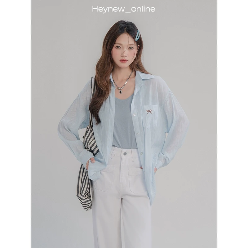 【宠粉福利】蓝色蝴蝶结刺绣衬衫外套防晒背心两件套-4C1225