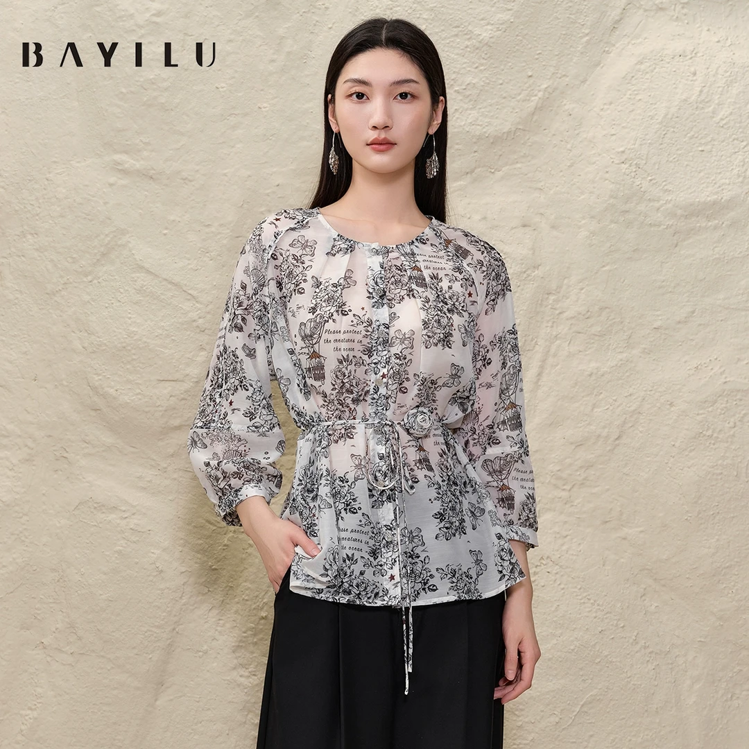 【大梦】芭依璐2025春季衬衫女法式印花设计感雪纺衫91C0907