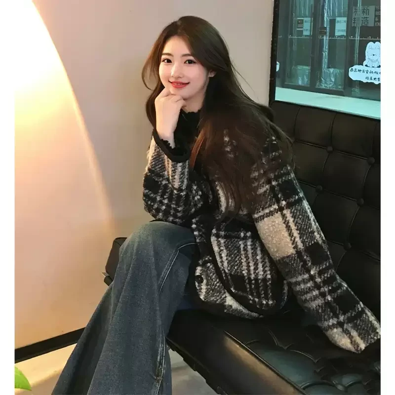 {苒彩}小香风复古格纹撞色毛呢外套时尚牛角扣韩系初春独特好看外