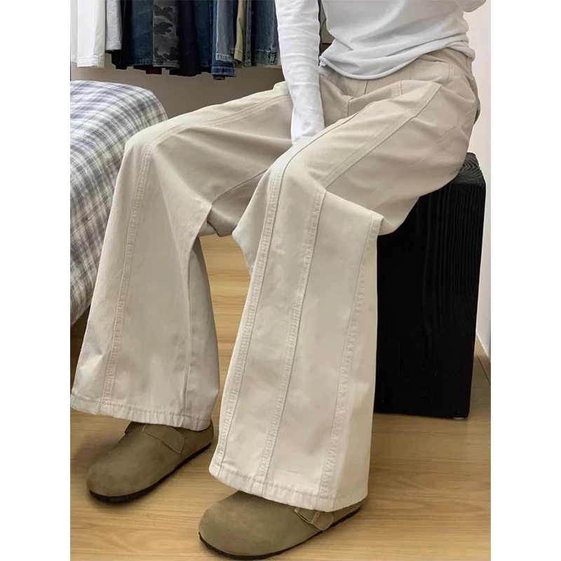 美式复古水洗米杏色牛仔裤女夏季遮胯高腰宽松设计感阔腿工装长裤