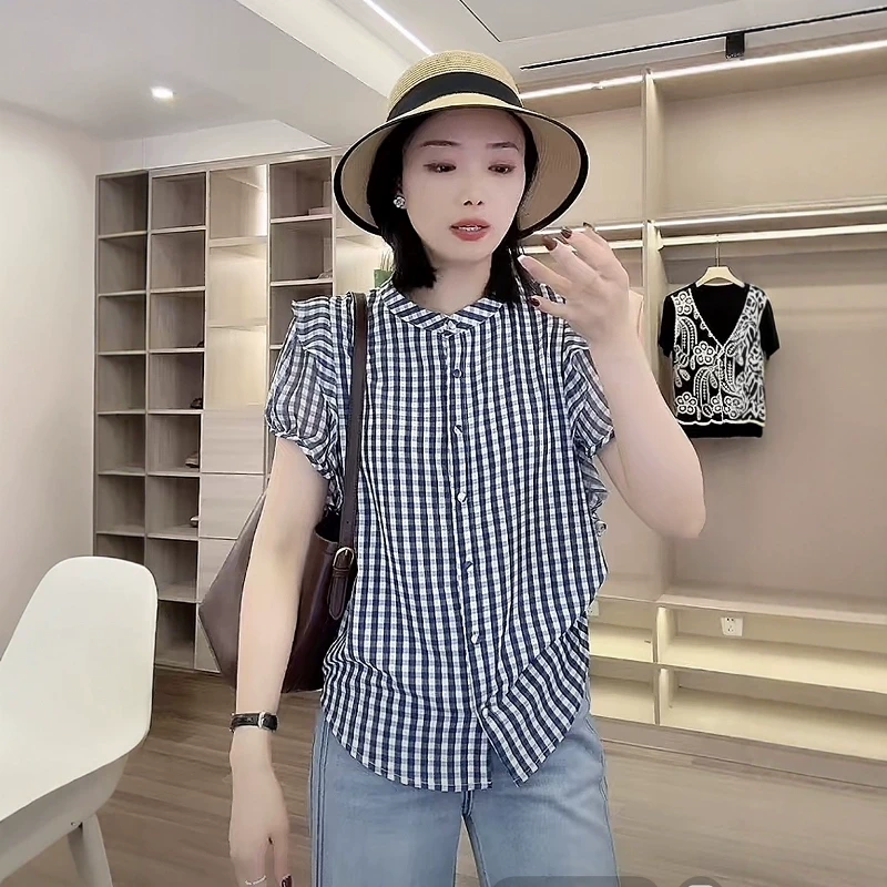 高级感格子短袖衬衫女装2025夏季新款超好看休闲时尚薄款开衫