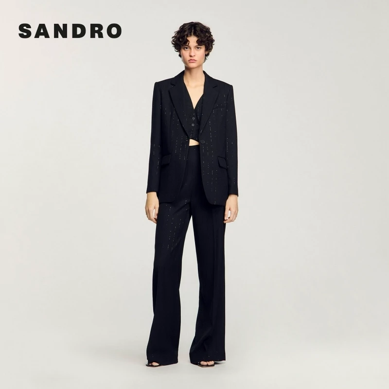 暖系穿搭|SANDRO2025秋冬法式黑色亮片西装外套上衣SFPVE01158
