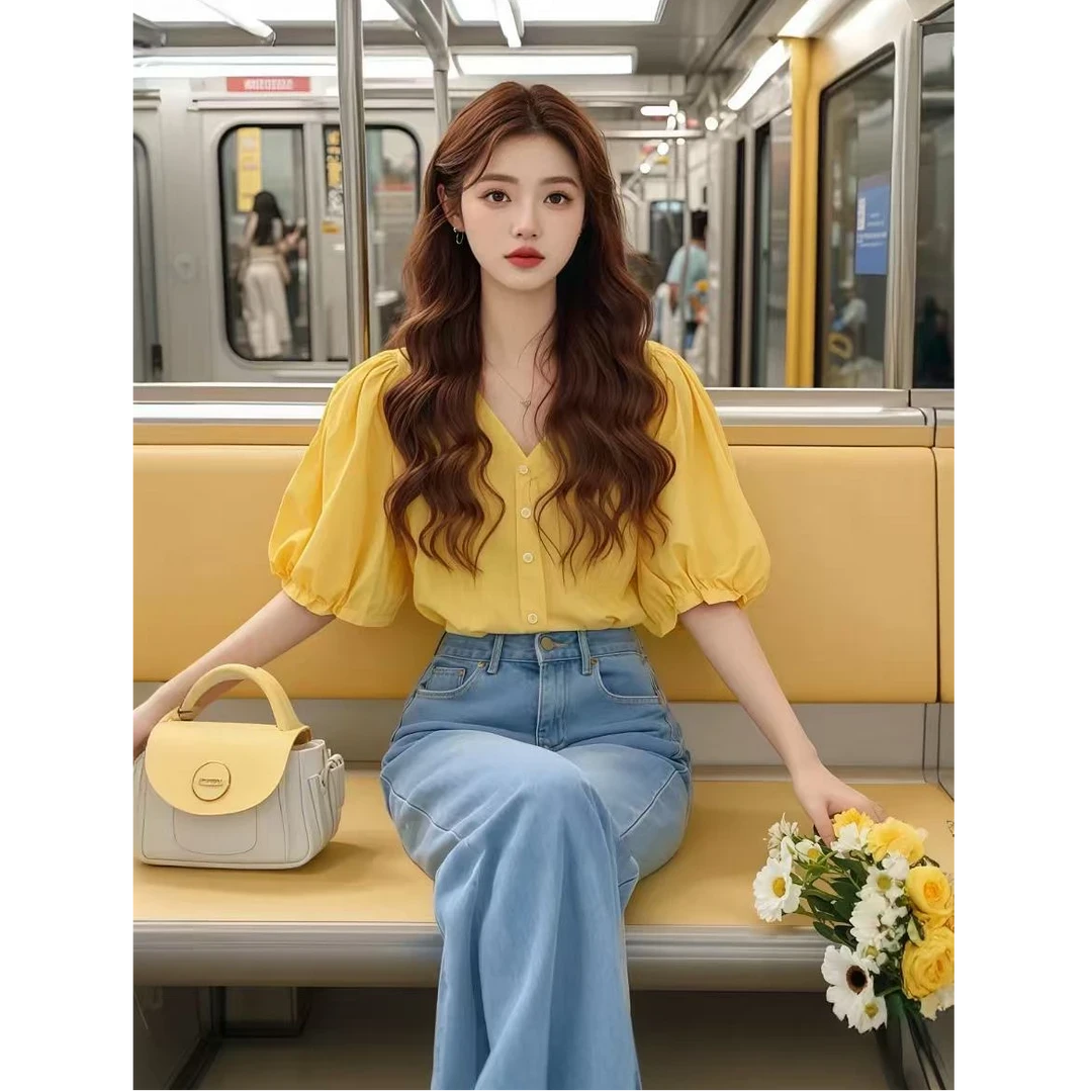 超好看黄色短袖衬衫女温柔淑气质法式绝美泡泡袖短袖衬衫上衣女