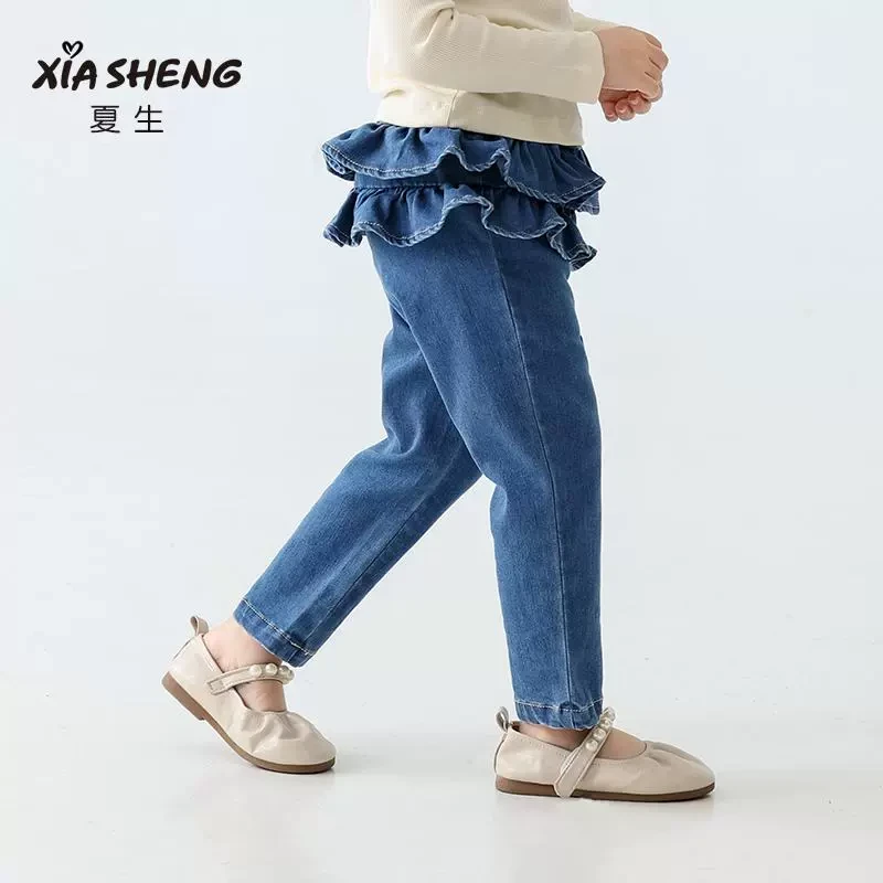 夏生双层花边牛仔裙裤女童休闲长裤女孩时尚小脚裤子儿童春装新款